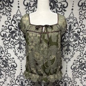 00s Apt 9 Womens Olive Green Floral Paisley Smocked Hem Blouse Cap Sleeve Top